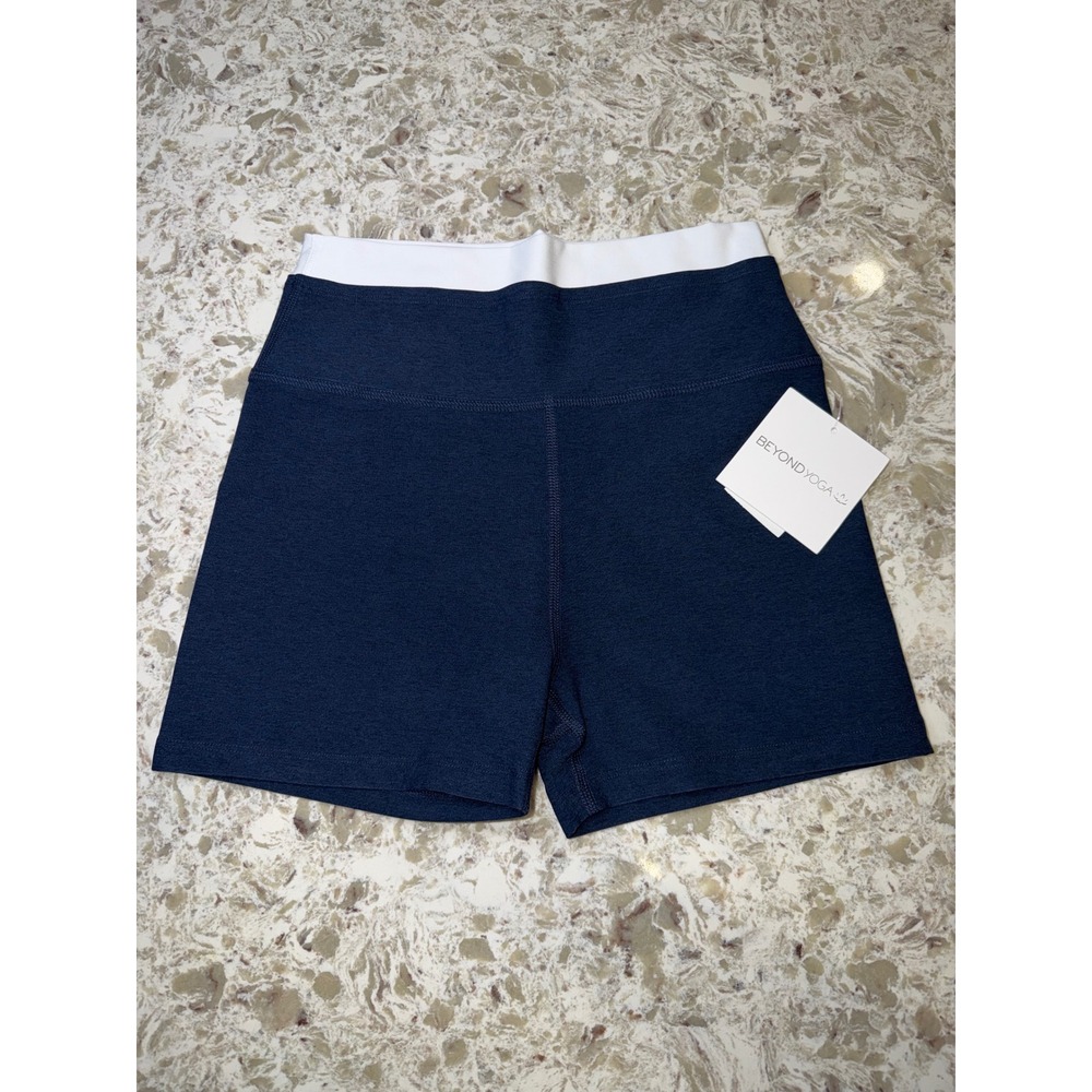 Beyond Yoga Heather navy blue Biker Shorts White Waistband 00AZW Womens m